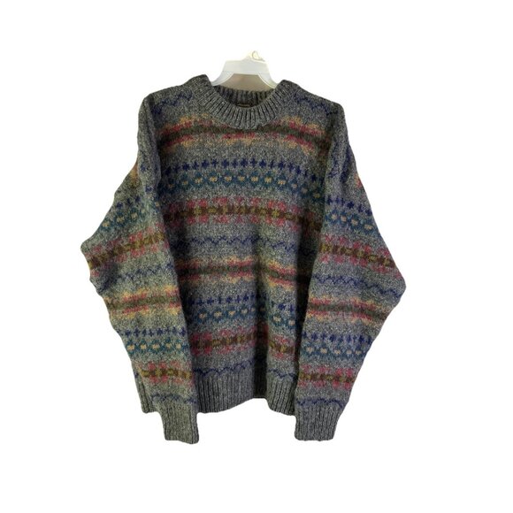 VTG 90s Wool Rainbow Fair Isle Nordic Chunky Crewneck Sweater Rockabilly - Picture 1 of 7
